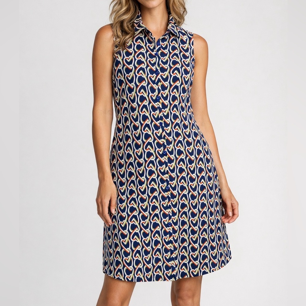 Cabi Women’s Size S Armour Blue Heart Shirt Dress #5370 Sleeveless Button Down
